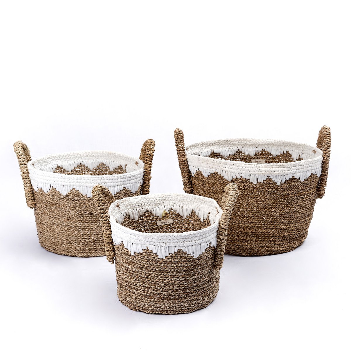 Ronde Zeegras Mand met Witte Katoenen Koorden WAIGEO | Decoratieve Wasmand of Opbergmand | 3 Maten