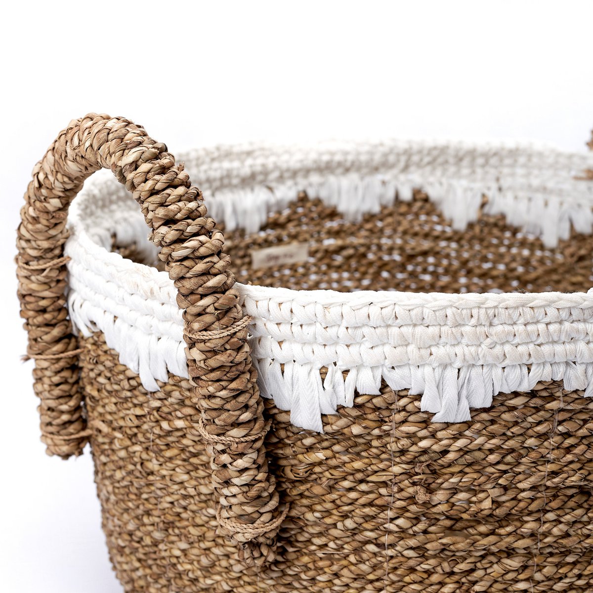 Ronde Zeegras Mand met Witte Katoenen Koorden WAIGEO | Decoratieve Wasmand of Opbergmand | 3 Maten
