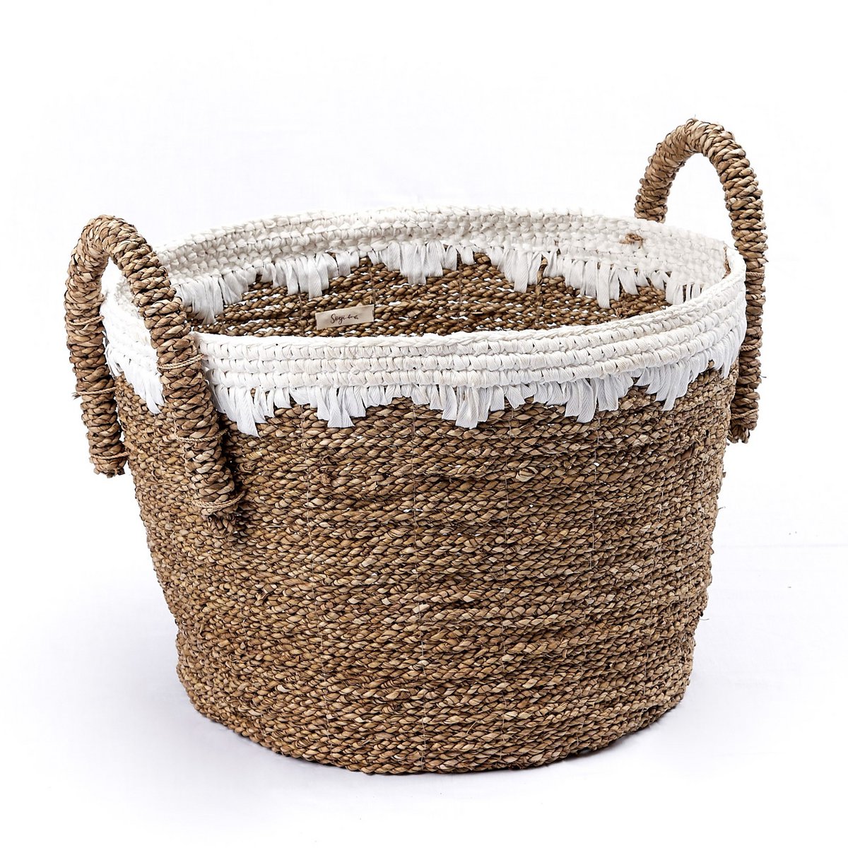 Ronde Zeegras Mand met Witte Katoenen Koorden WAIGEO | Decoratieve Wasmand of Opbergmand | 3 Maten