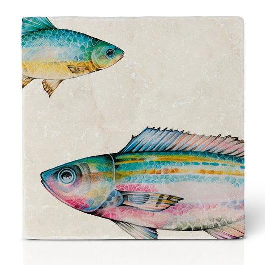 Dessous de verre en carrelage - duo de poissons bleu azur gros plan