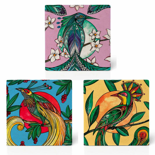 Sous-verres en carrelage - Lot de 3 - Oiseaux de Paradis