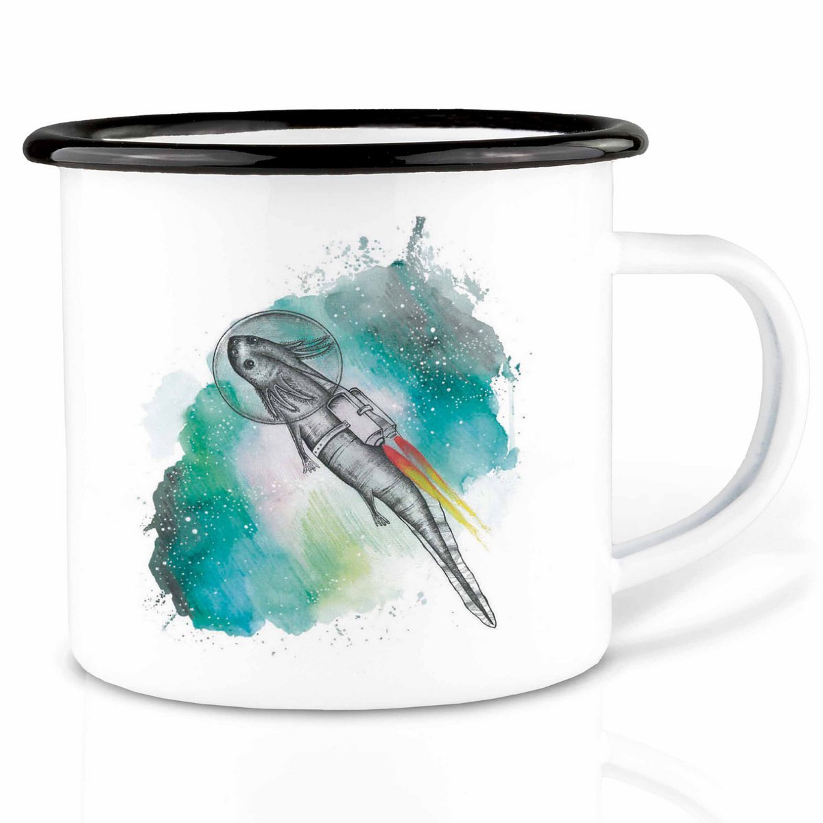 Tasse en émail avec Astrolotl – Tasse unique faite à la main pour la maison et les déplacements
