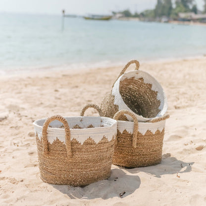 Panier rond en jonc de mer avec cordons en coton blanc WAIGEO | Panier à linge décoratif ou panier de rangement | 3 tailles