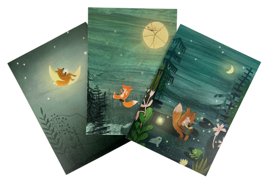 Image de Julie® | Unieke Set van 3 Grote Wenskaarten/Miniposters 'Lunar Fox' | Perfect voor Elke Gelegenheid