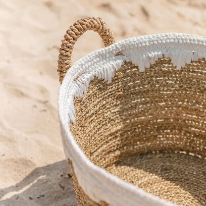 Panier rond en jonc de mer avec cordons en coton blanc WAIGEO | Panier à linge décoratif ou panier de rangement | 3 tailles