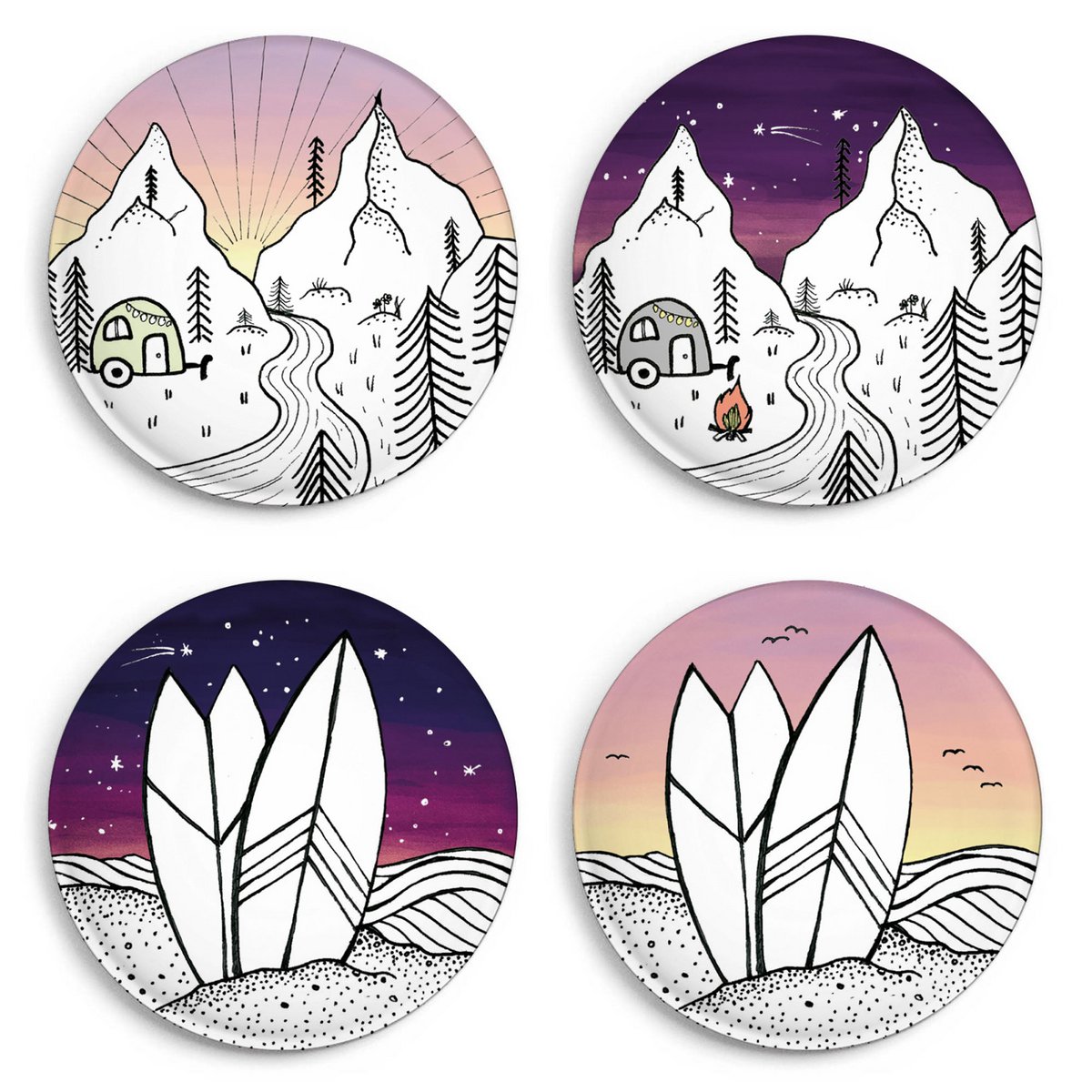 Lot de 4 aimants – Camping &amp; Surf