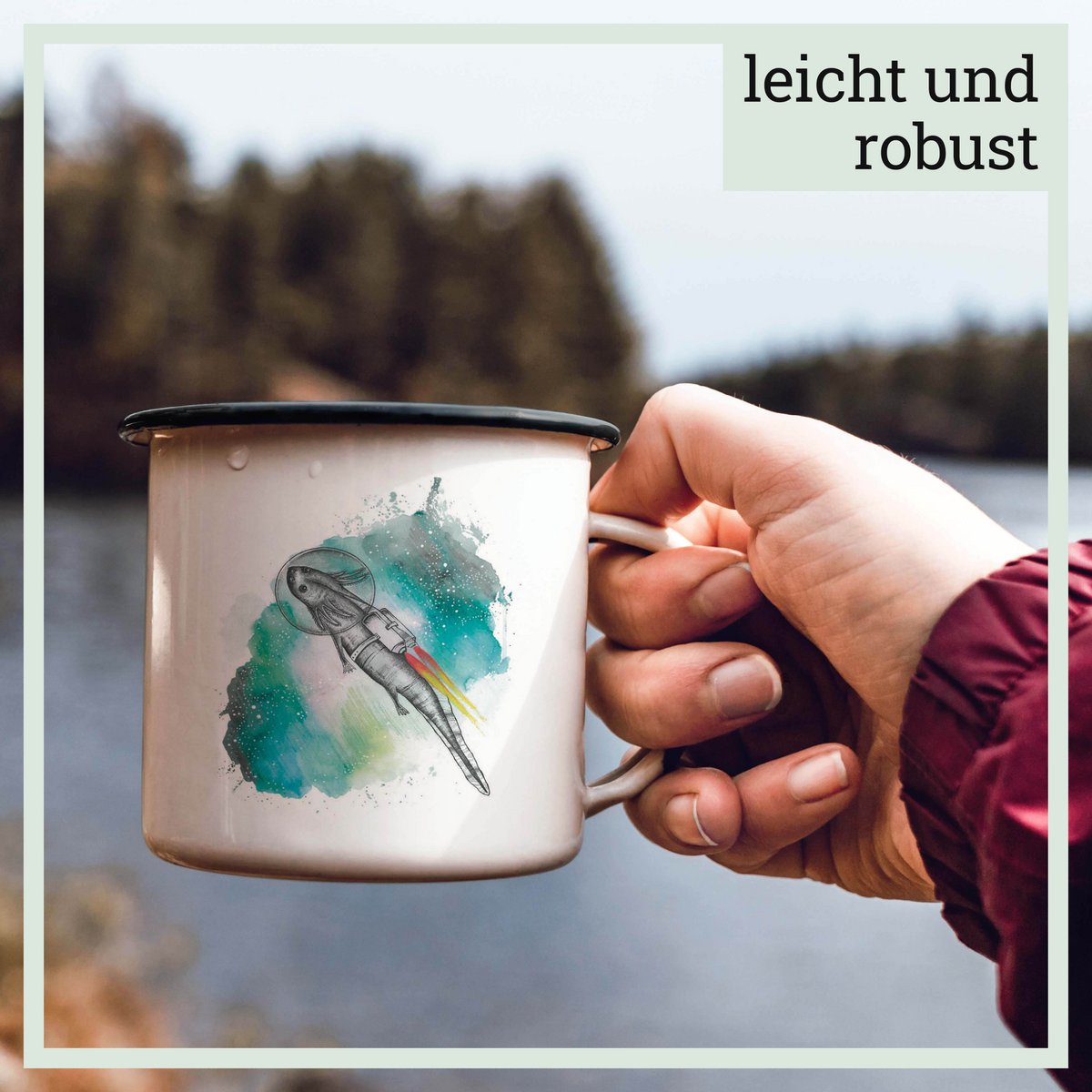 Tasse en émail avec Astrolotl – Tasse unique faite à la main pour la maison et les déplacements