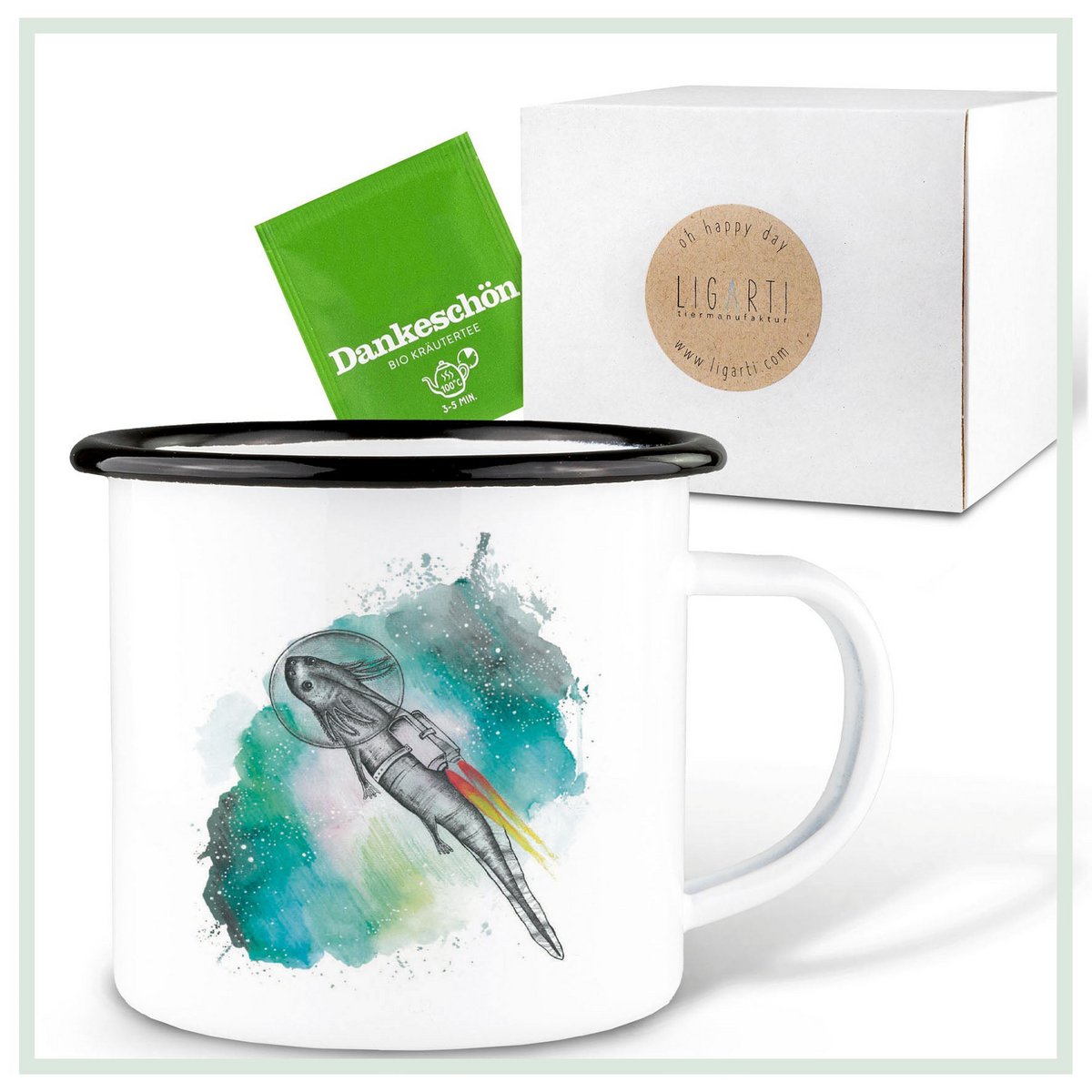 Tasse en émail avec Astrolotl – Tasse unique faite à la main pour la maison et les déplacements