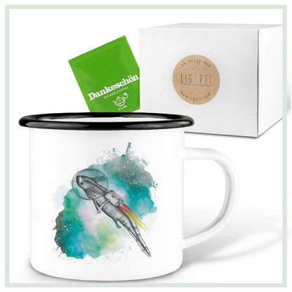 Tasse en émail avec Astrolotl – Tasse unique faite à la main pour la maison et les déplacements