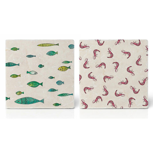 Sous-verres en carrelage – Lot de 2 – Poisson &amp; Crevettes