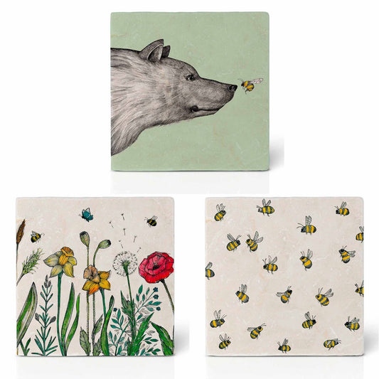 Sous-verres en carrelage - Lot de 3 - Abeilles et fleurs